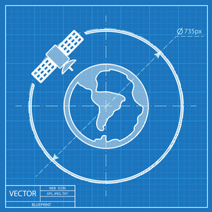 矢量人工卫星在空间中，平蓝图图标