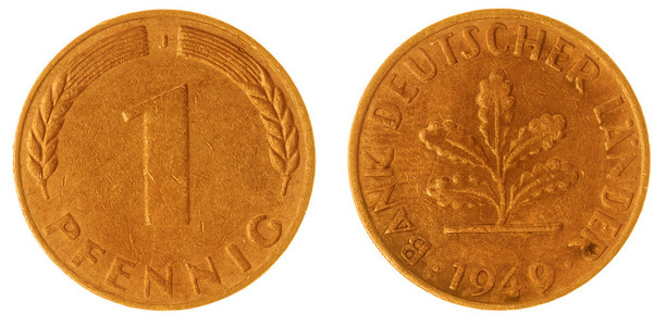 1 芬尼 1949 硬币孤立在白色的背景下，德国