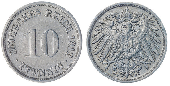 孤立在白色的背景下,德国 10 芬尼 1912 硬币照片