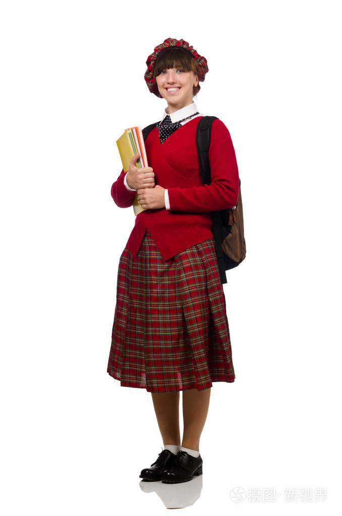 苏格兰格子服饰上白色孤立的女孩