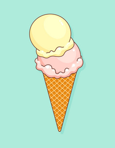 色彩鲜艳可口孤立冰淇淋在蓝绿色的背景。嘎吱嘎吱的硅片锥装满两勺柠檬汁和草莓冰淇淋。矢量图