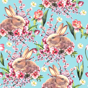 复活节兔子与花的模式