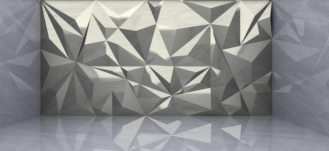 3d 渲染的银多边形墙在大理石的房间里
