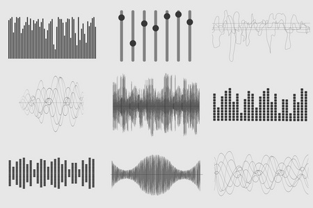 白色背景上的黑色声音乐波。音频技术，视觉音乐脉冲。矢量图