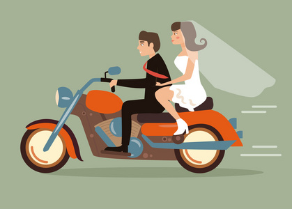 极端的婚礼。夫妇在一辆摩托车