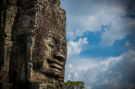 古代在吴哥巴戎寺的石头脸特写。柬埔寨，暹粒