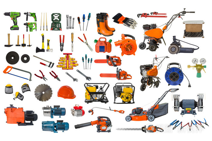 设置的隔离在白色背景上的建筑和园林工具