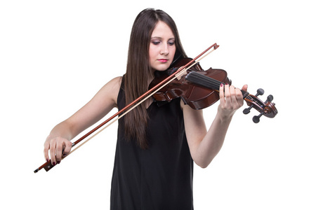 黑发的年轻女人，与小提琴