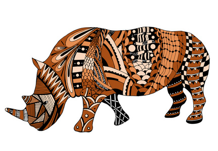 程式化的犀牛 zentangle 矢量 插画 手绘铅笔 涂鸦 橙色