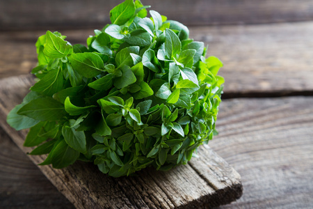 新鲜的罗勒和牛至板上照片