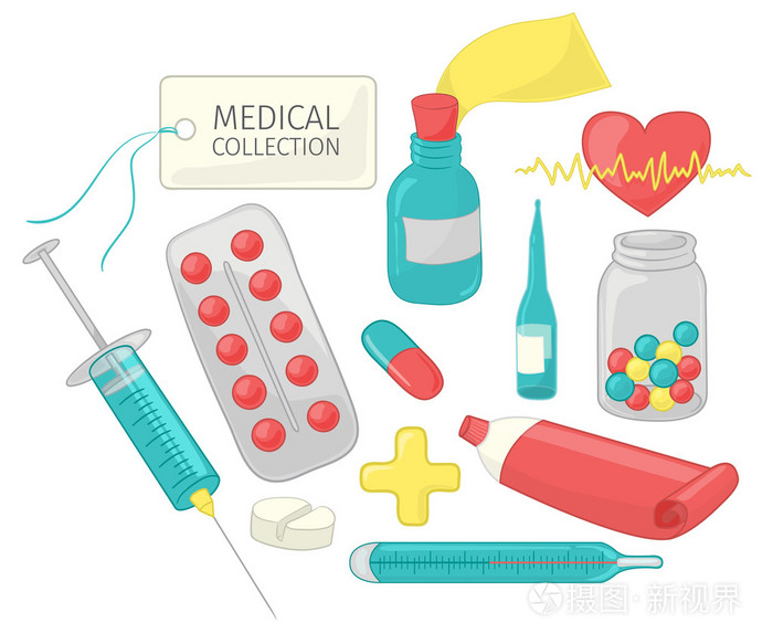 医疗用具在卡通风格的集合.孤立在白色背景上的矢量图