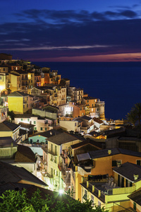 在晚上的 Manarola 体系结构