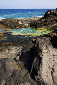 海岸线在兰萨罗特岛西班牙云海滩水麝香和总和