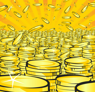 金色的金钱雨. 掉落的金子和一堆硬币. 后壁照片