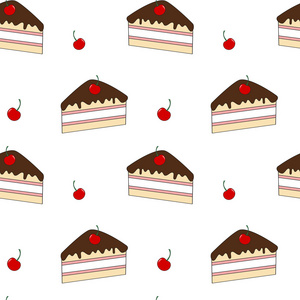 可爱的卡通片蛋糕樱桃无缝矢量图案背面。