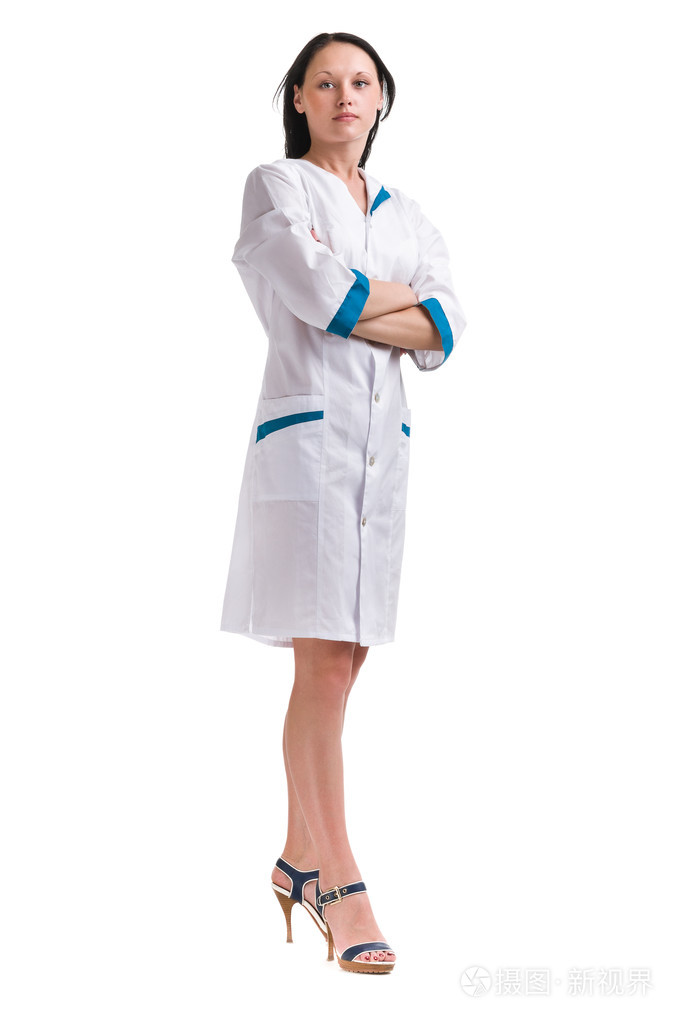 护士或年轻医生站在全身孤立在白色背景