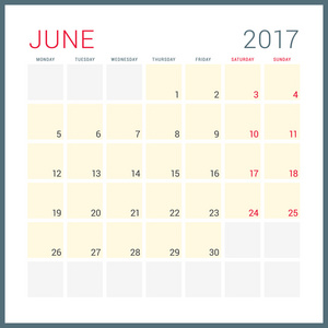 2017年日历规划师。 矢量平面设计模板。 六月