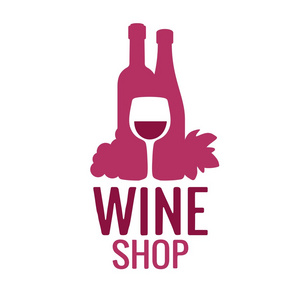 葡萄酒图标或标志。 一瓶葡萄酒，一串葡萄。 昆虫