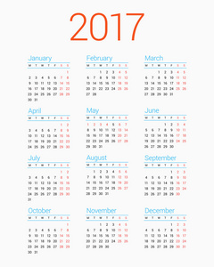 2017 年白色背景上的日历。每周从星期一开始。简单的矢量模板。信纸设计模板
