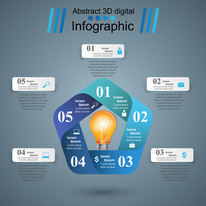 抽象 3d 数码插画的数据图表。灯泡图标。光源图标