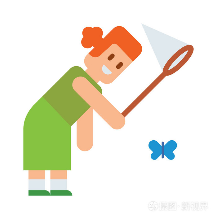 女孩尝试捕捉蝴蝶与网可爱的卡通矢量