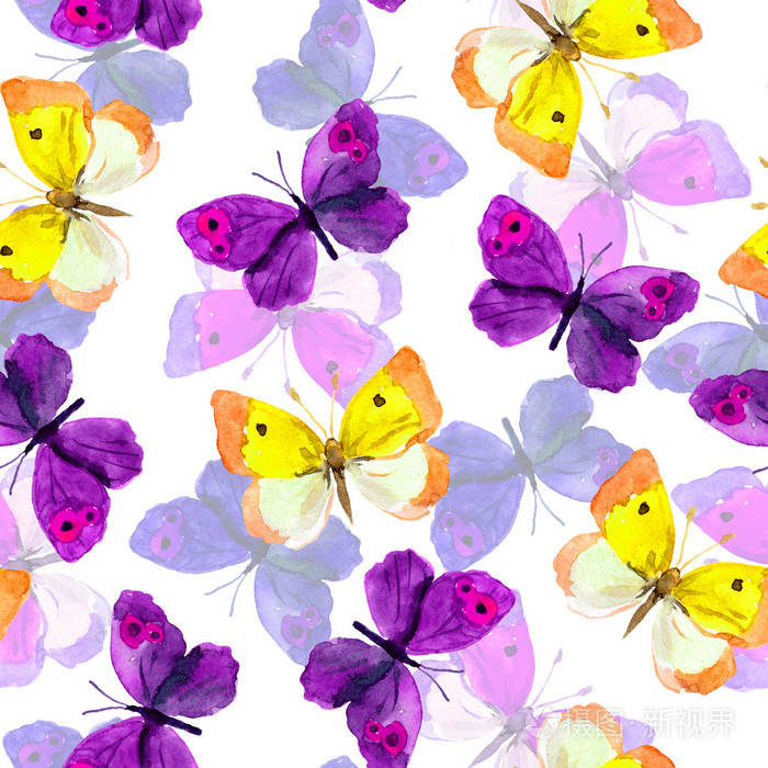 无缝时尚背景与色彩缤纷的水彩画画蝴蝶
