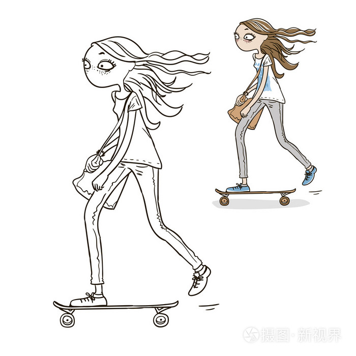 可爱的滑板女孩插图