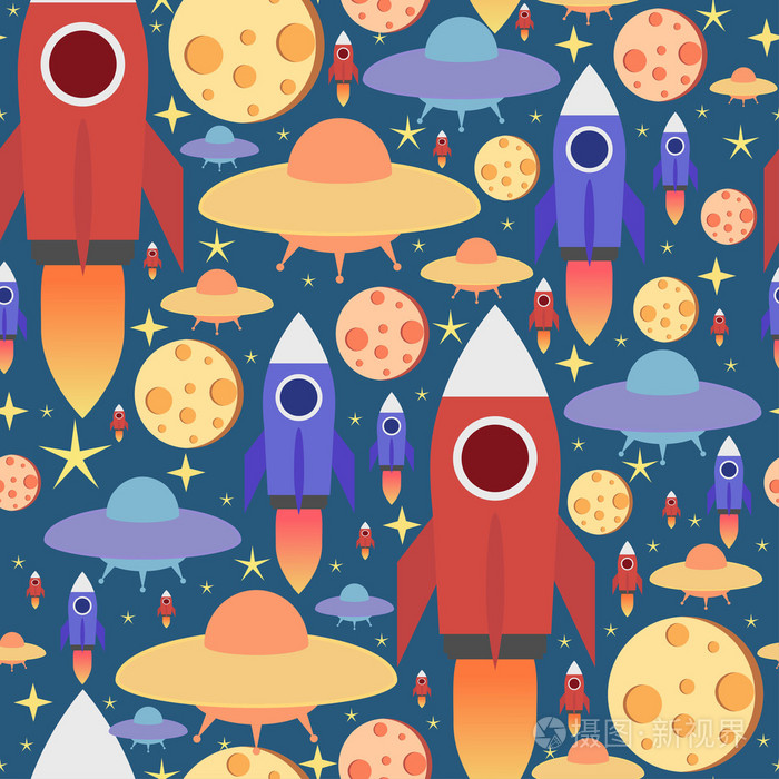 宇宙的无缝模式.矢量彩色打印与月亮, 星星和导弹