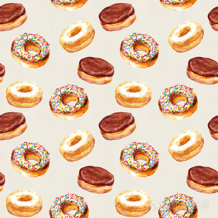 无缝的水彩图案与手绘烤甜甜圈