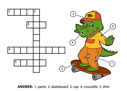矢量彩色填字游戏。在滑板上开朗鳄鱼