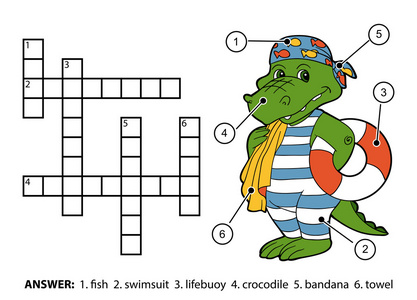 矢量彩色填字游戏。救生圈鳄鱼游泳