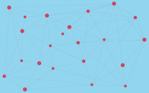 红点连接与三角形的形状，连接，连接世界各地。抽象背景。抽象的壁纸。各种形状和大小连接在一起。红点蓝色抽象背景