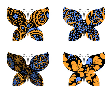 蝴蝶用黑色背景不同金色和蓝色图案装饰一套