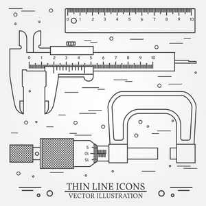 设置矢量细线图标卡尺 标尺和测微仪。为