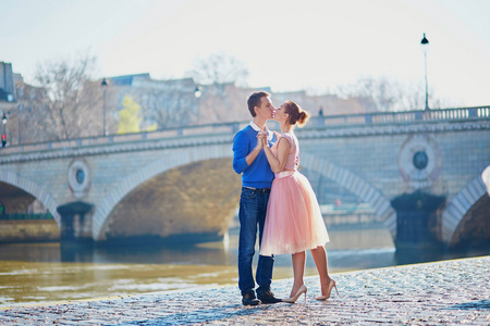 美丽浪漫的情侣，在巴黎附近的塞纳河