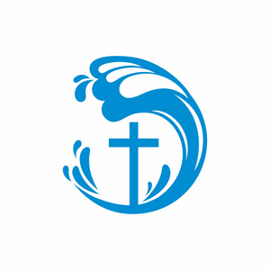 徽标的教会。基督教的象征。十字架和波。耶稣生活水源