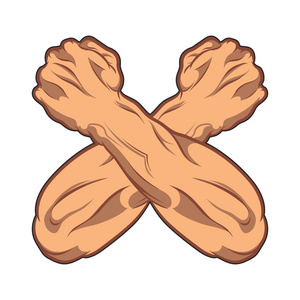 健身漫画两个交叉,双手紧握成拳头.黑色和白色的漫画插图.