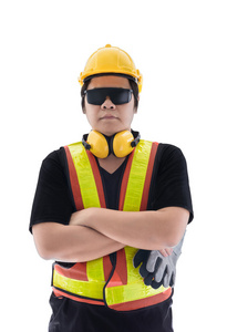 男性的建筑工人的标准建筑安全装备