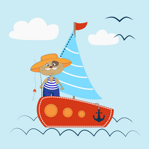 帆船猫海矢量插图图片