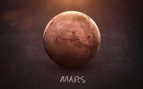 火星高分辨率的图像提出了太阳系的行星在黑板上。这个由美国国家航空航天局提供的图像元素