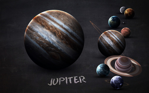 木星高分辨率的图像提出了太阳系的行星在黑板上。这个由美国国家航空航天局提供的图像元素