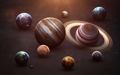 高分辨率图像在黑板上给出了太阳系的行星。这个由美国国家航空航天局提供的图像元素
