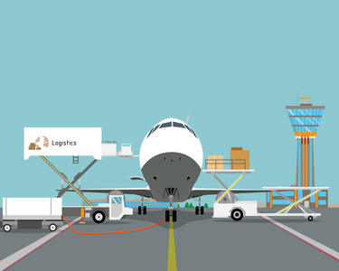 矢量图客运或货运航空业务.机场跑道叉车图标.