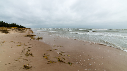 波罗的海海滩秋天云与波走向荒芜的沙丘