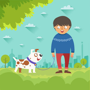 男孩遛狗图片