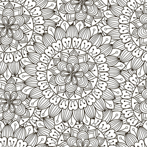 花卉装饰无缝模式。黑色和白色圆矢量纹理