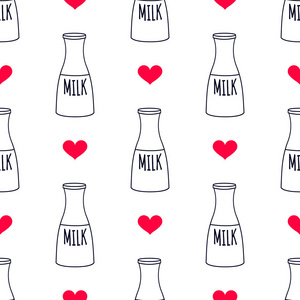 牛奶瓶和心。有趣的无缝背景。Eps 10