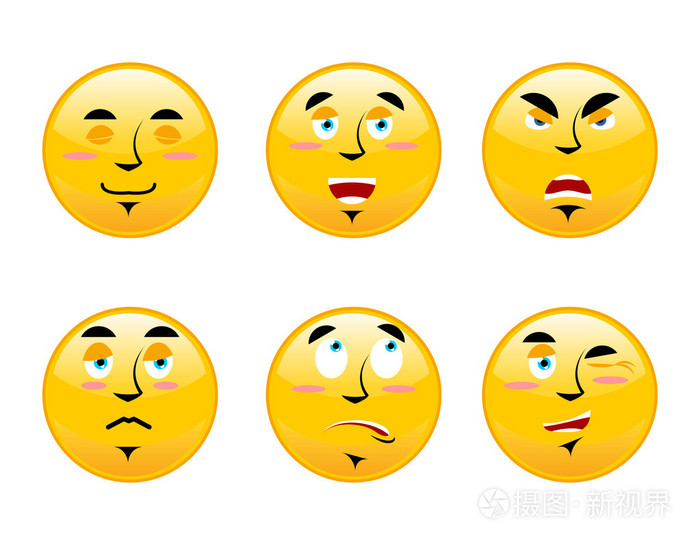 白色背景上的一组表情符号. 卡通面部情绪. 她是谁