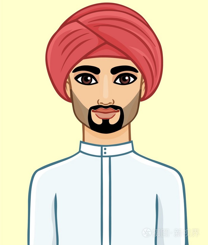 阿拉伯男子在传统头巾上的动画肖像. 等值线