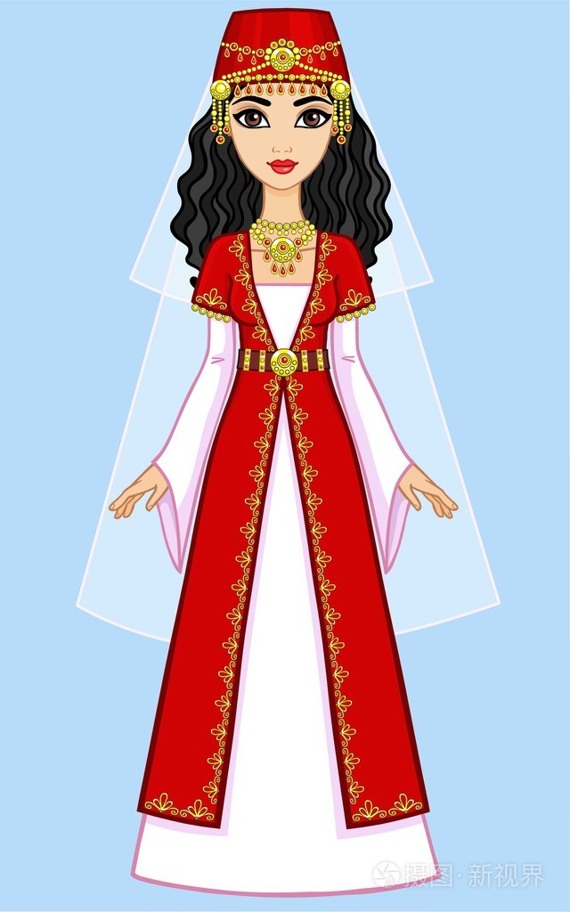 古代的服饰中的动画东方公主.充分的成长.蓝色背景上孤立